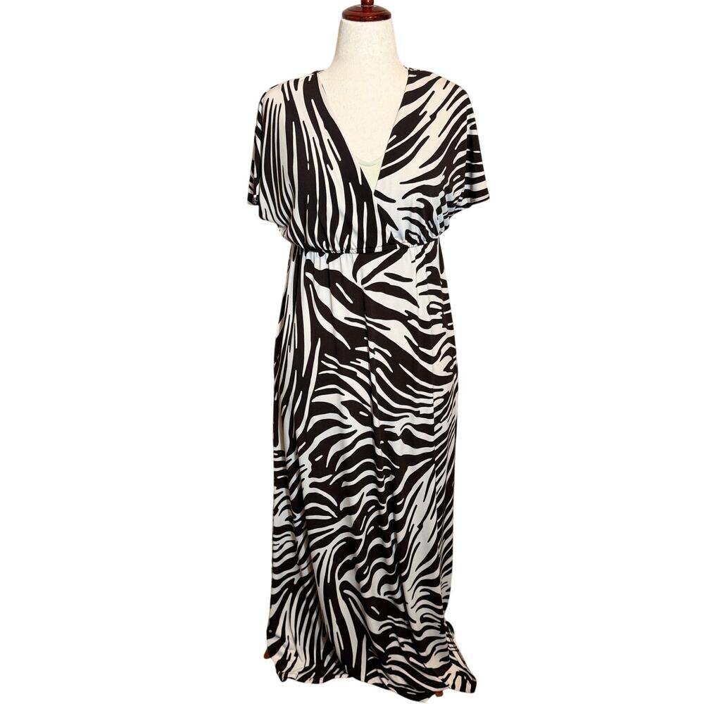 Chico's maxi dress brown & tan zebra print knit short loose sleeve Sz 1 US Med